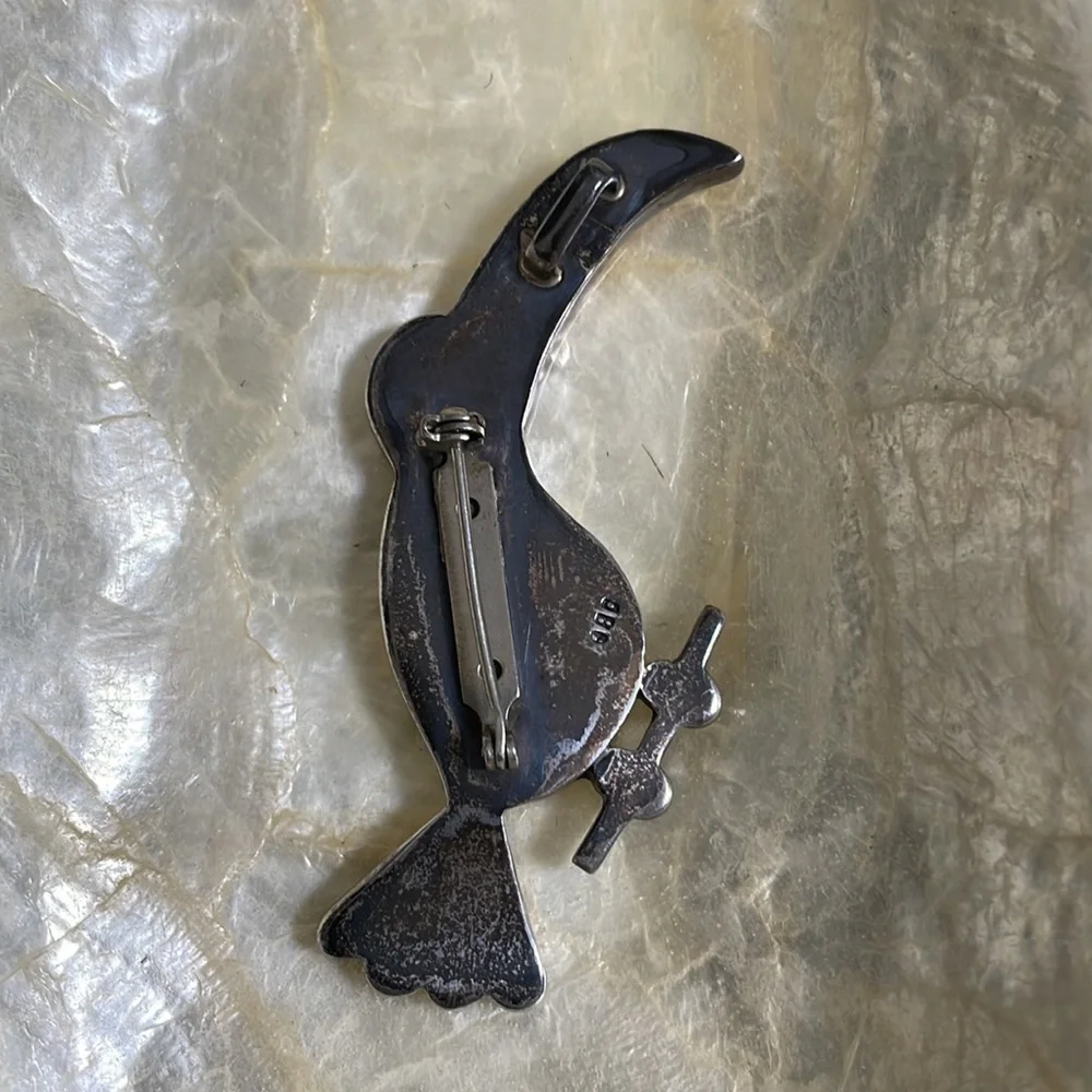 Handcrafted Southwestern Multi Stone Inlayed Silver Parrot Brooch/Pendant - Picture 2 of 3